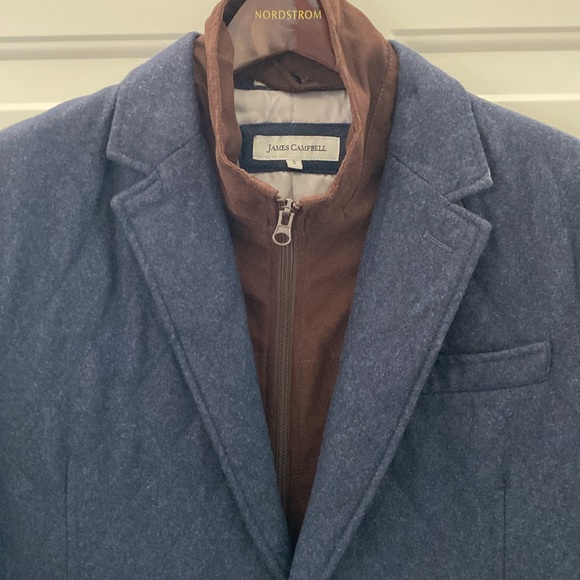 James Campbell Navy Wool Sportscoat Brown Elbow Patches & Removable Bibb. Small - Picture 1 of 12